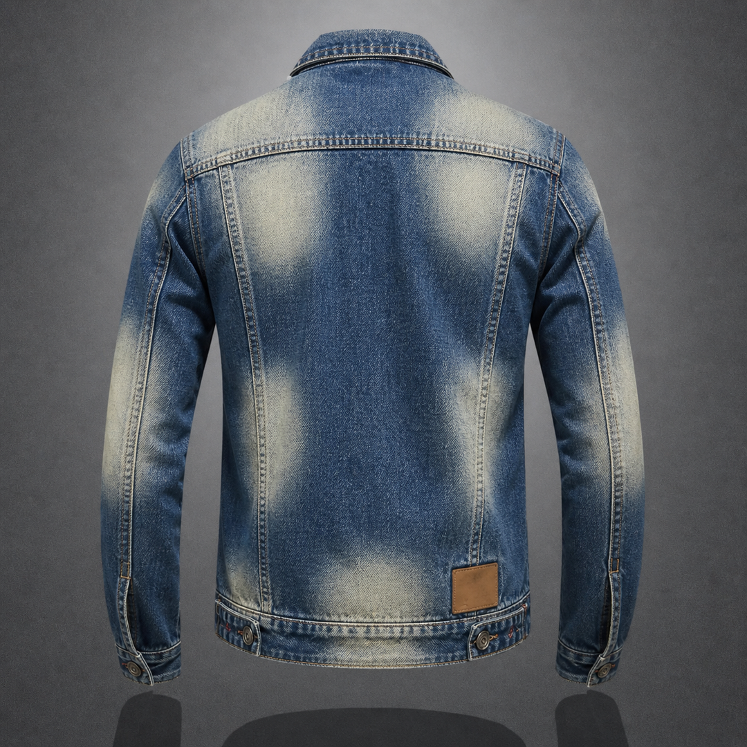 Classic men's denim jacket, retro style with a vintage wash. Timeless outerwear for casual everyday fashion.