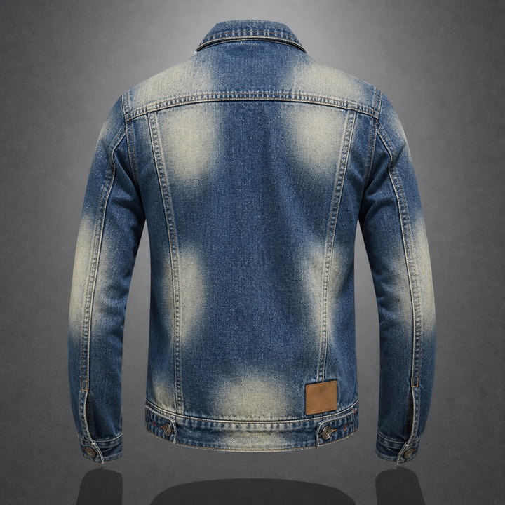Classic men's denim jacket, retro style with a vintage wash. Timeless outerwear for casual everyday fashion.