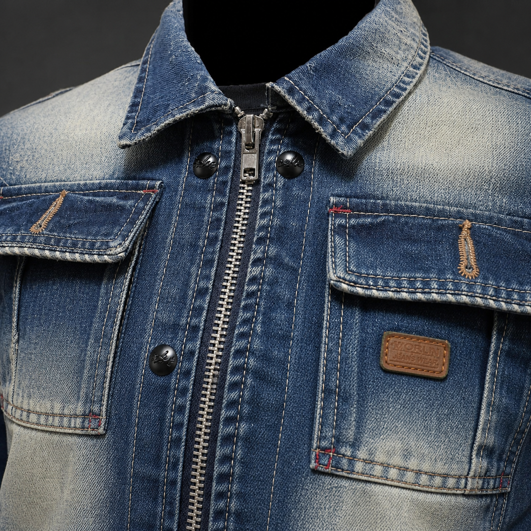 Men's button-up denim jacket, retro fashion & vintage style. Durable casual outerwear for versatile layering.