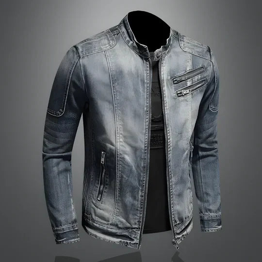 Men's retro denim jacket with button-up front, rugged vintage wash. Perfect classic outerwear for everyday casual wear.