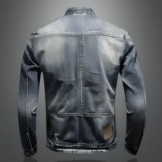 Stylish men's vintage denim jacket, a retro fashion staple with button-up closure. Ideal casual outerwear for men.