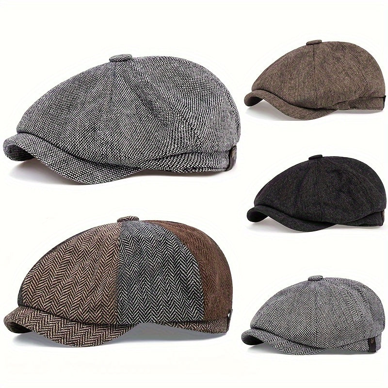 Men's retro herringbone flat cap, vintage style driver cap. Classic headwear accessory for men's fashion.