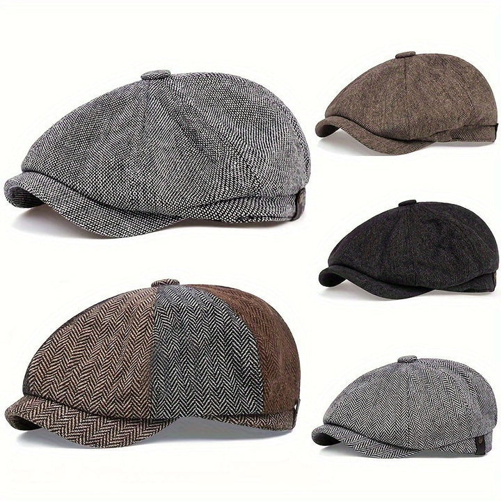 Men's retro herringbone flat cap, vintage style driver cap. Classic headwear accessory for men's fashion.