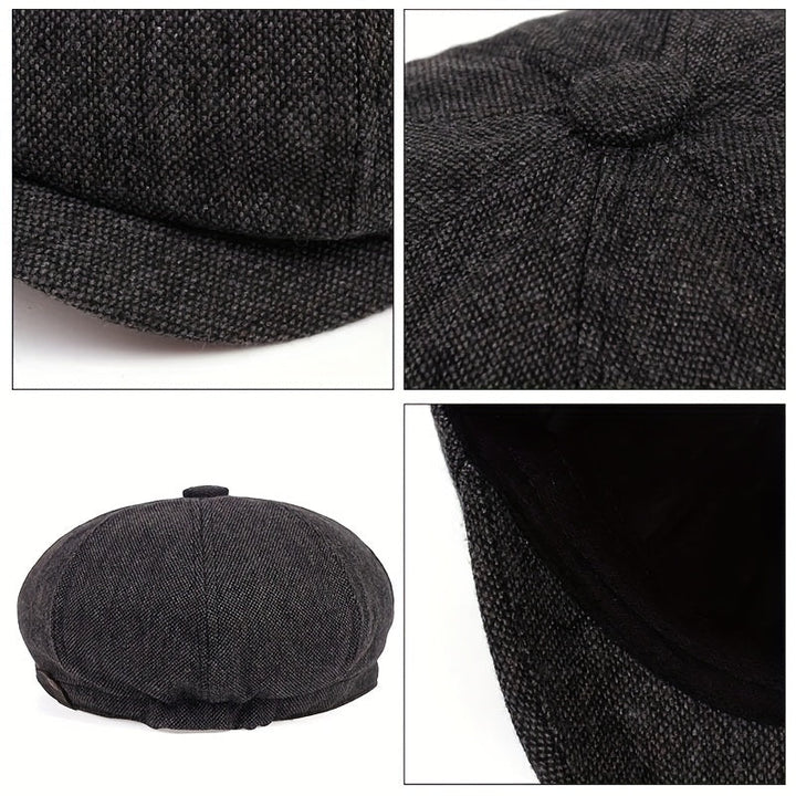 Detail of the peak on a men's retro herringbone flat cap, classic vintage driver cap design element.