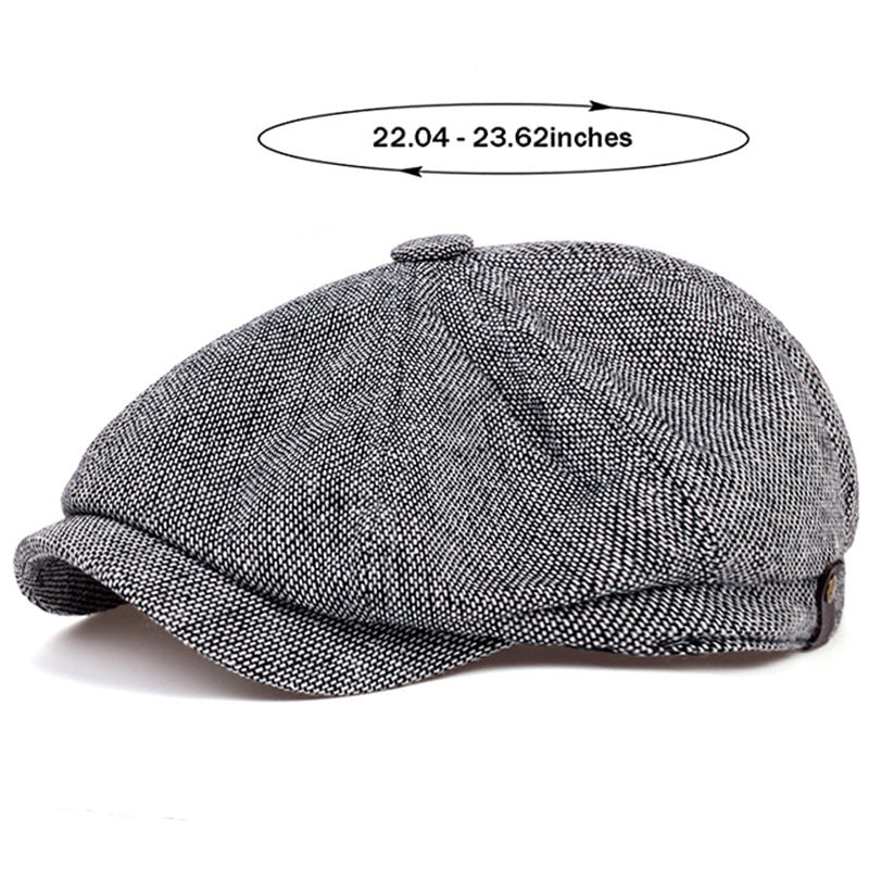 Casual men's look completed with a stylish herringbone flat cap, creating a chic retro vintage vibe.