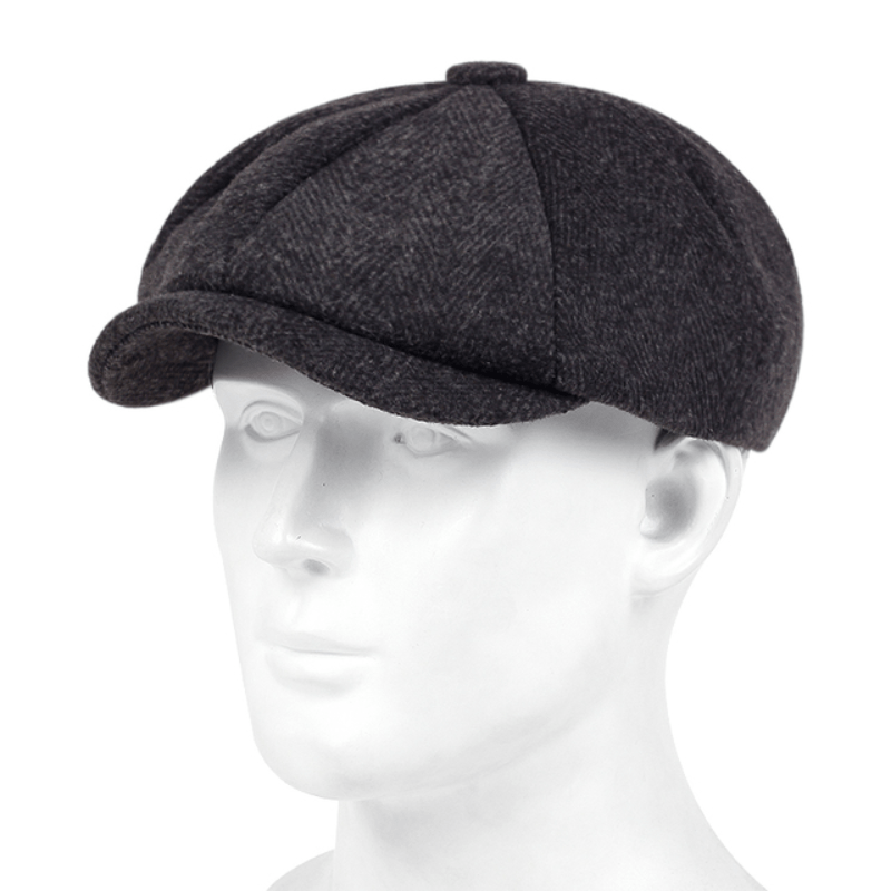 New men's retro herringbone flat cap, ready to wear. A timeless vintage style accessory for men.