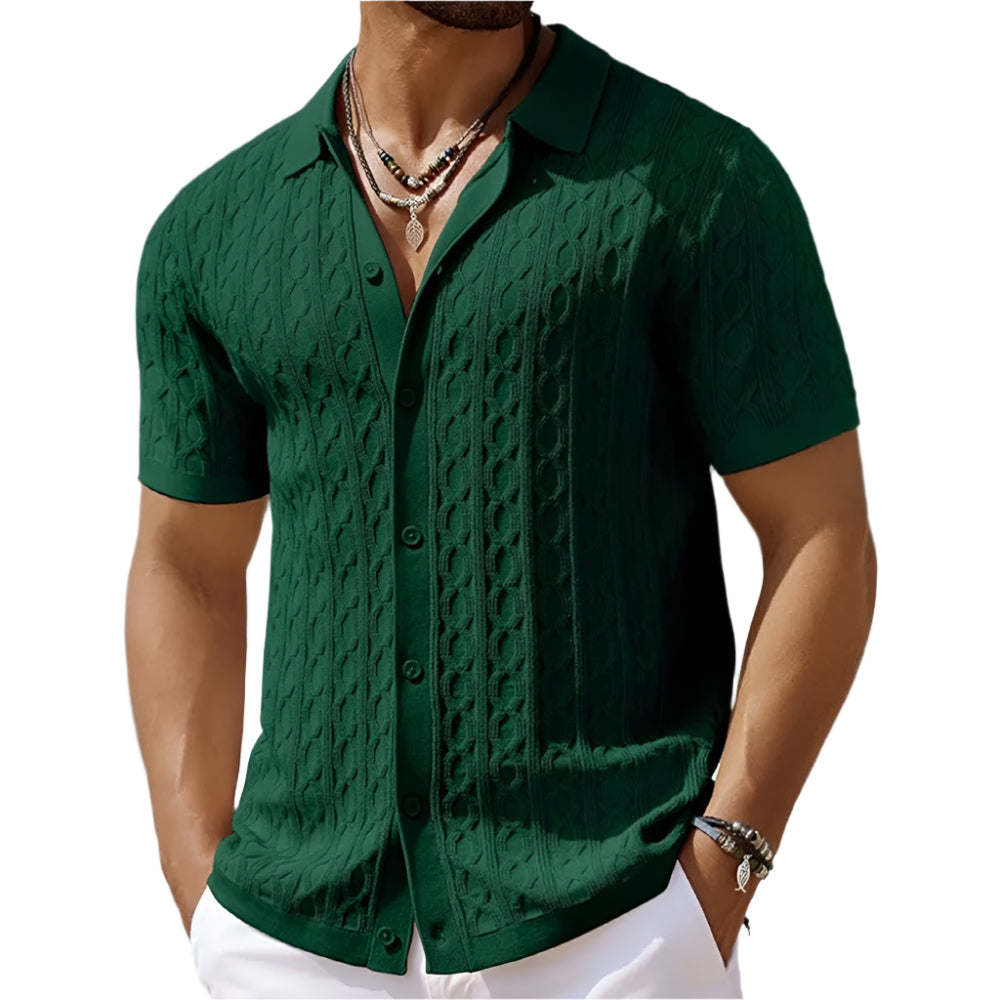 Men's retro jacquard knit polo shirt with button-down collar