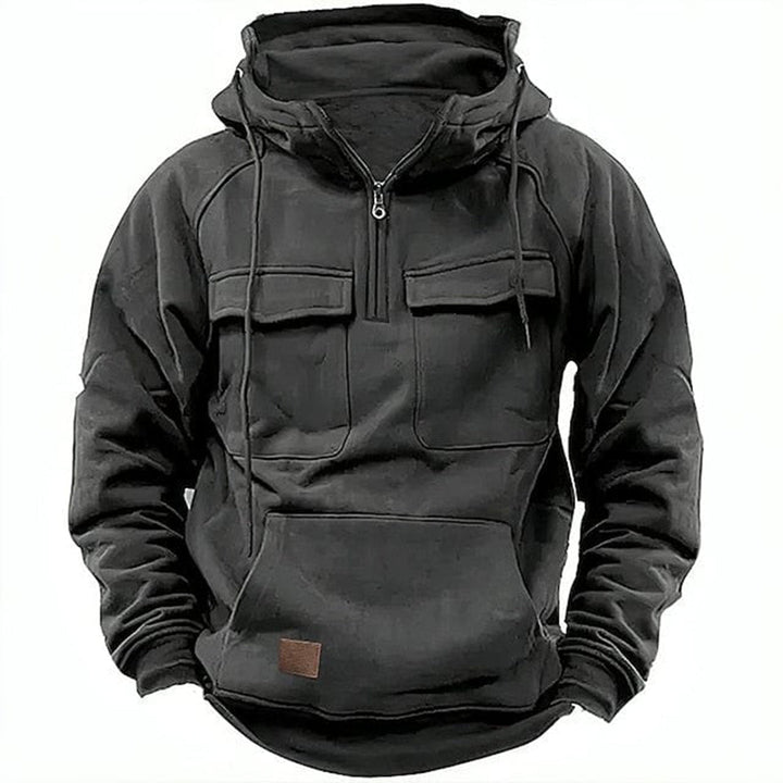 Men's retro motorcycle hoodie in rugged gray, featuring a full zipper, for casual urban style and comfort.
