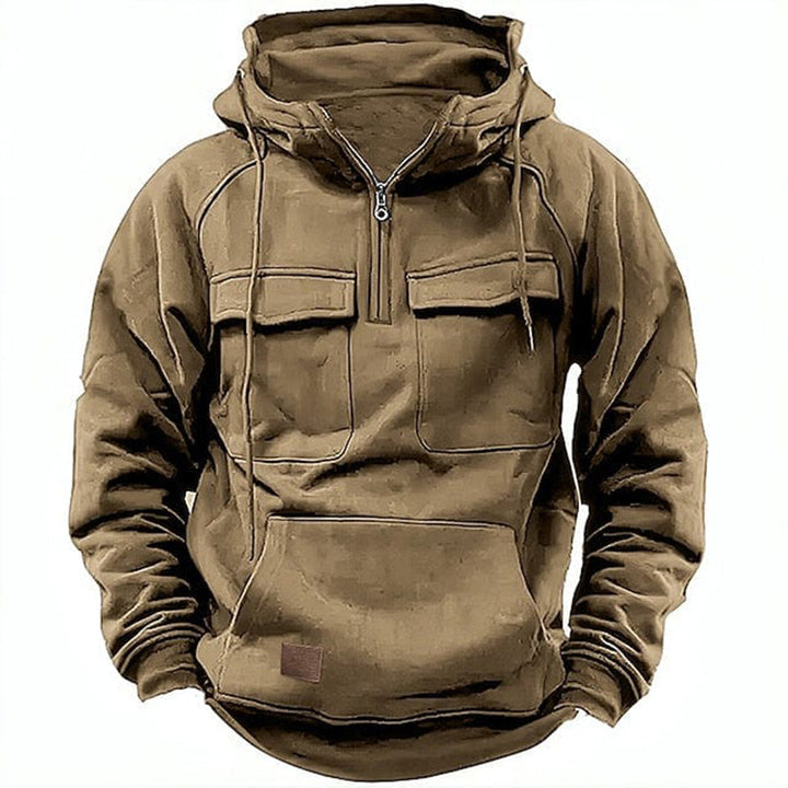 Rugged men's retro hoodie with motorcycle style, front zipper, and vintage look. Ideal casual outerwear.