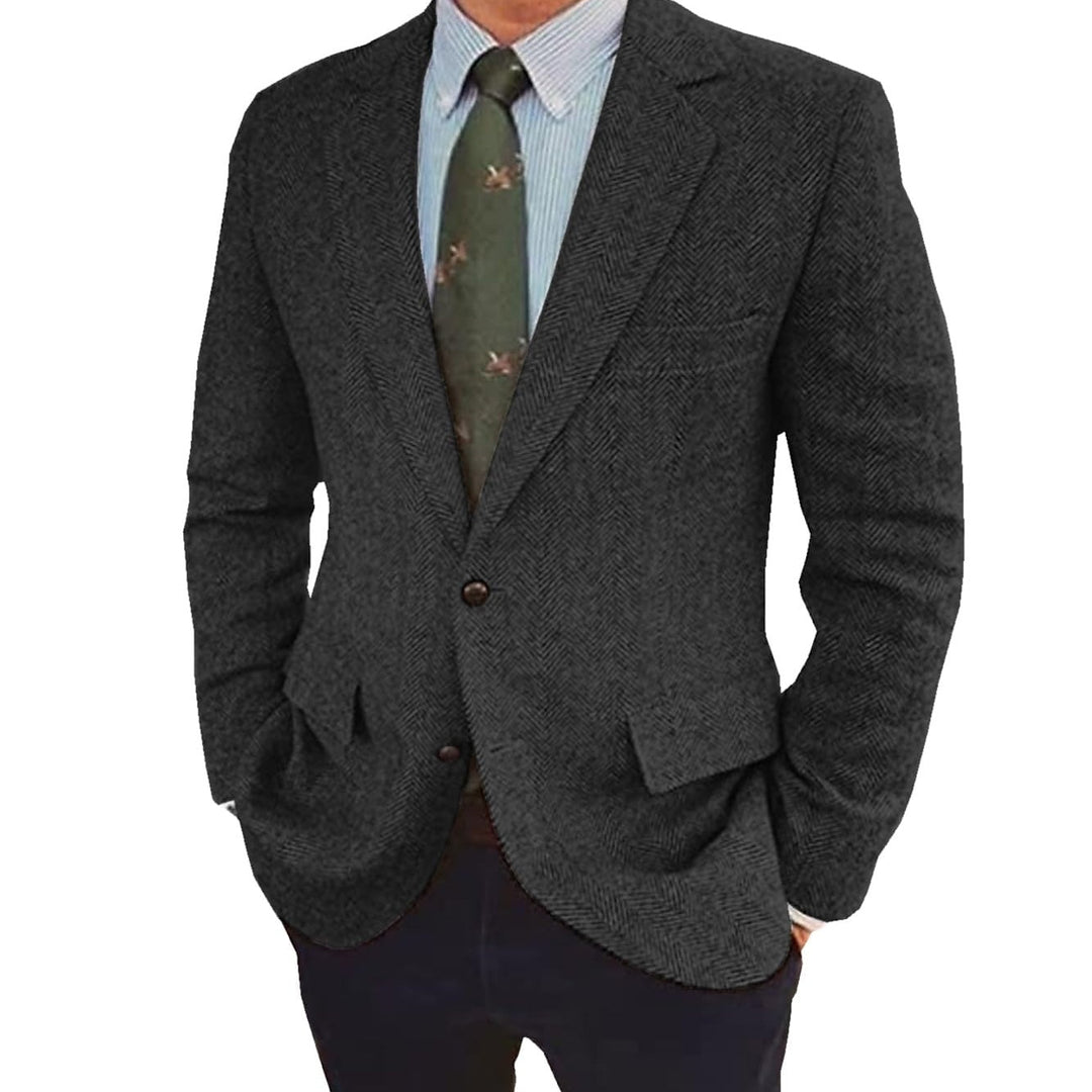 Classic blue men's retro tailored jacket, single-breasted two-button, ideal for business wear.
