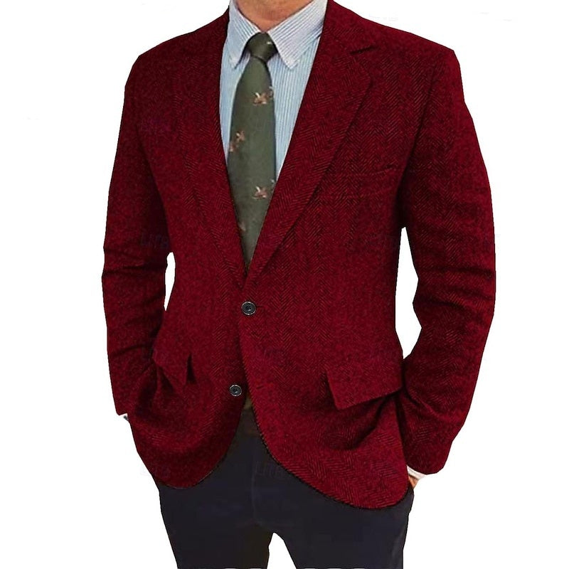 Elegant burgundy retro men's single-breasted two-button jacket, a timeless tailored classic.