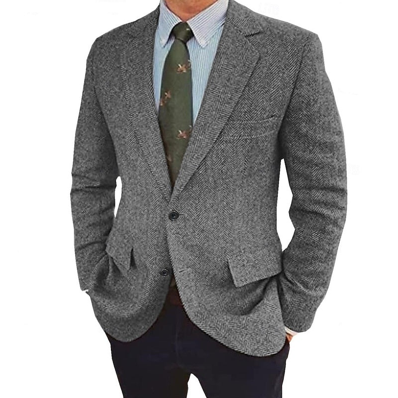 Tailored retro men's two-button jacket, single-breasted, suitable for formal or smart casual wear.