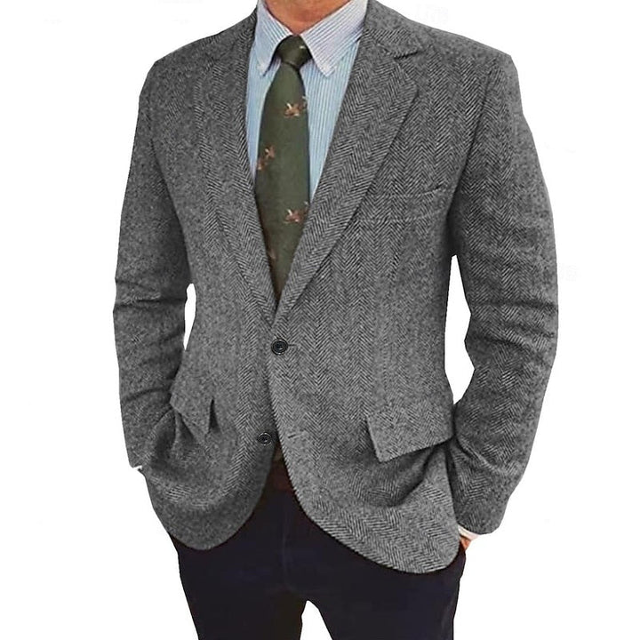 Tailored retro men's two-button jacket, single-breasted, suitable for formal or smart casual wear.