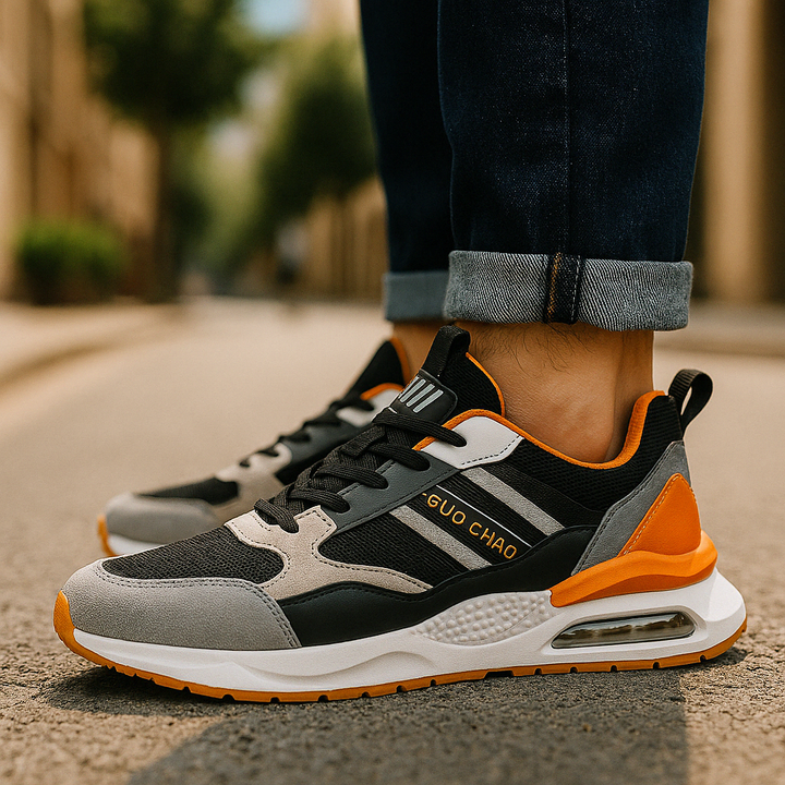 Vintage-style men's casual sneakers. Retro athletic footwear in beige, green, orange for comfort.