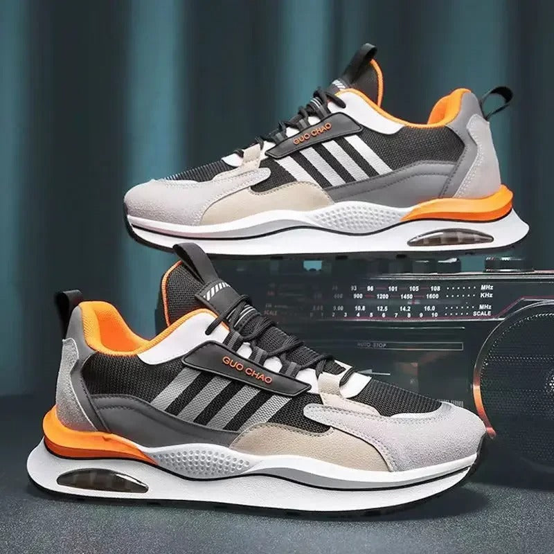 Stylish men's retro sneakers in beige, green & orange. Sporty vintage athletic footwear for comfort.
