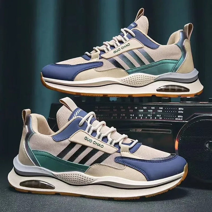 Men's vintage beige, green & orange athletic sneakers. Retro style footwear designed for all-day comfort.