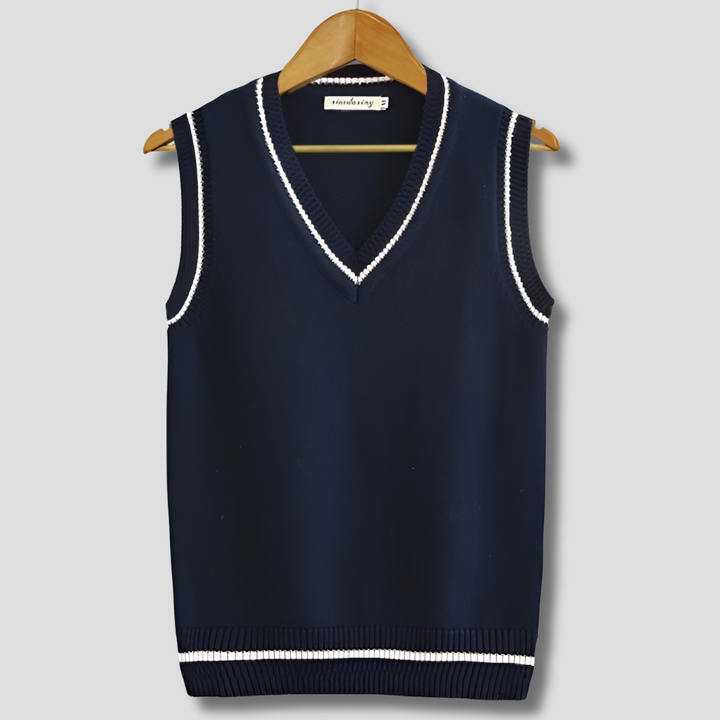 Men's retro striped V-neck sweater vest. Preppy sleeveless pullover for layering & casual autumn wear.