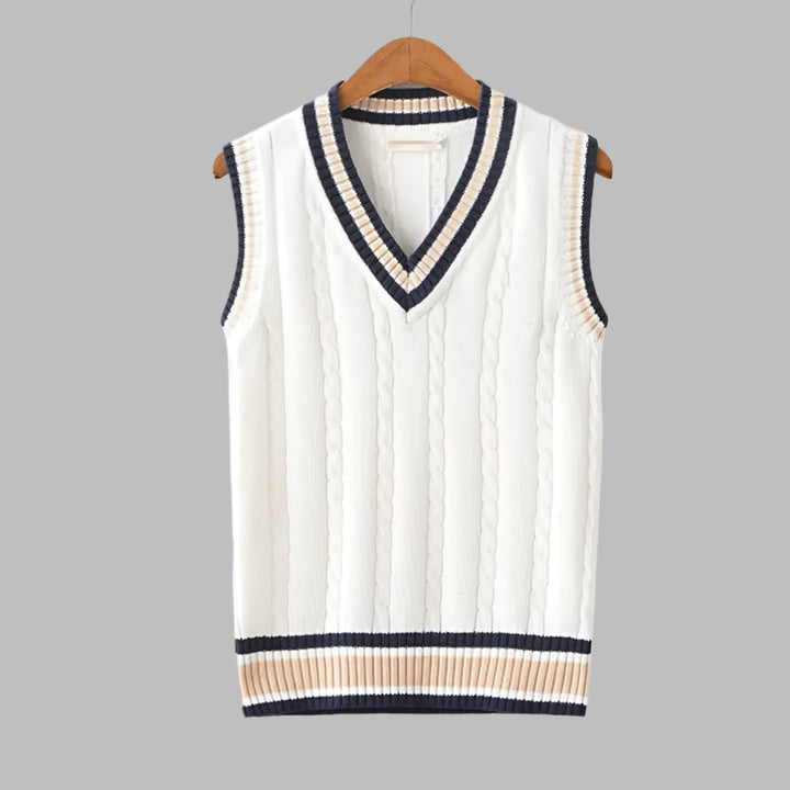 Classic men's preppy V-neck sweater vest with retro stripes. Stylish knitwear sleeveless pullover for spring/fall.