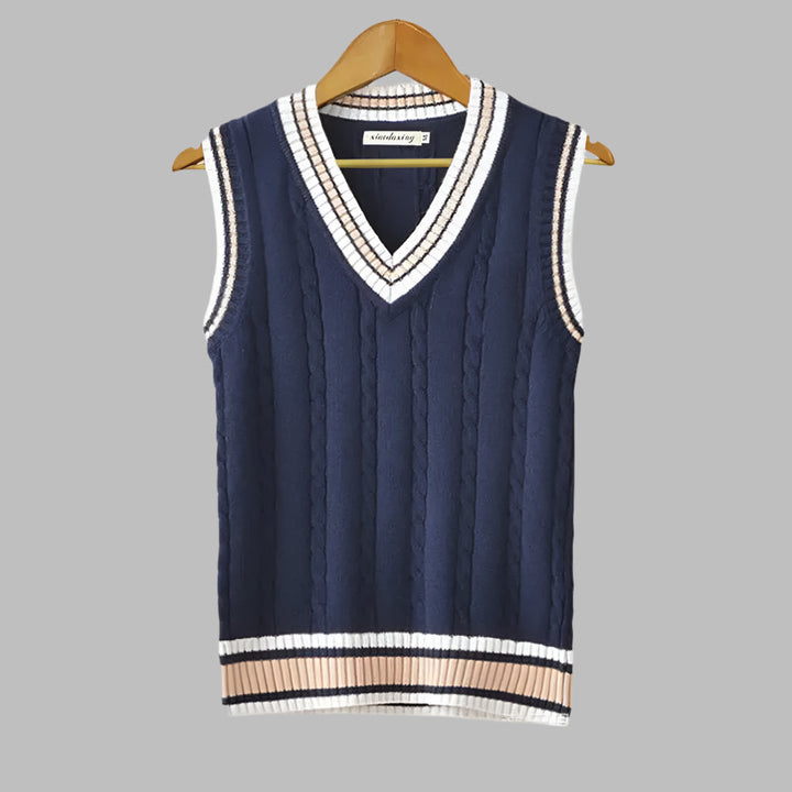Casual men's striped V-neck sweater vest. Versatile preppy sleeveless pullover, perfect for layering in autumn.