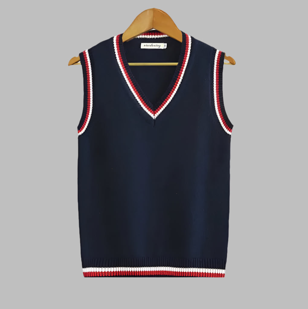 V-neck men's knit sweater vest featuring retro stripes. Sleeveless pullover for a preppy, casual autumn/spring look.