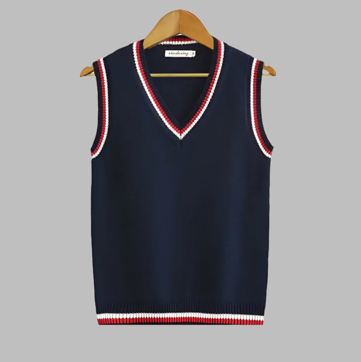 V-neck men's knit sweater vest featuring retro stripes. Sleeveless pullover for a preppy, casual autumn/spring look.