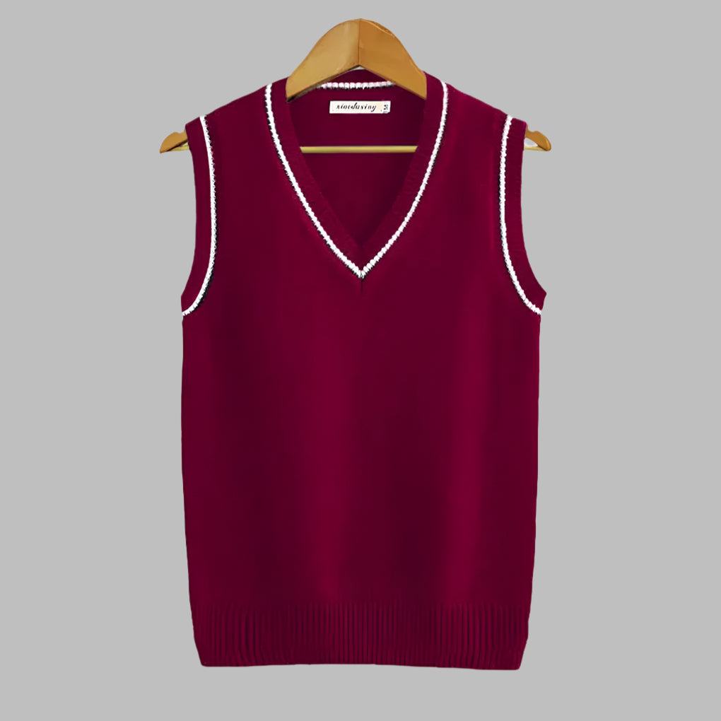 Men's retro striped V-neck sweater vest. Preppy sleeveless knit pullover, ideal for layering in cooler weather.