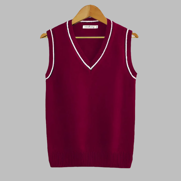 Men's retro striped V-neck sweater vest. Preppy sleeveless knit pullover, ideal for layering in cooler weather.