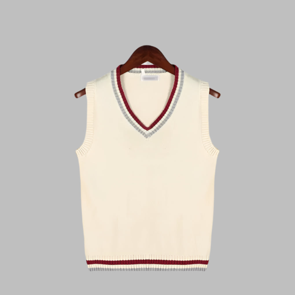Stylish men's retro striped V-neck sweater vest. Preppy sleeveless pullover, a versatile layering piece for fall.