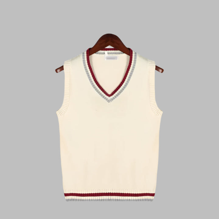 Stylish men's retro striped V-neck sweater vest. Preppy sleeveless pullover, a versatile layering piece for fall.