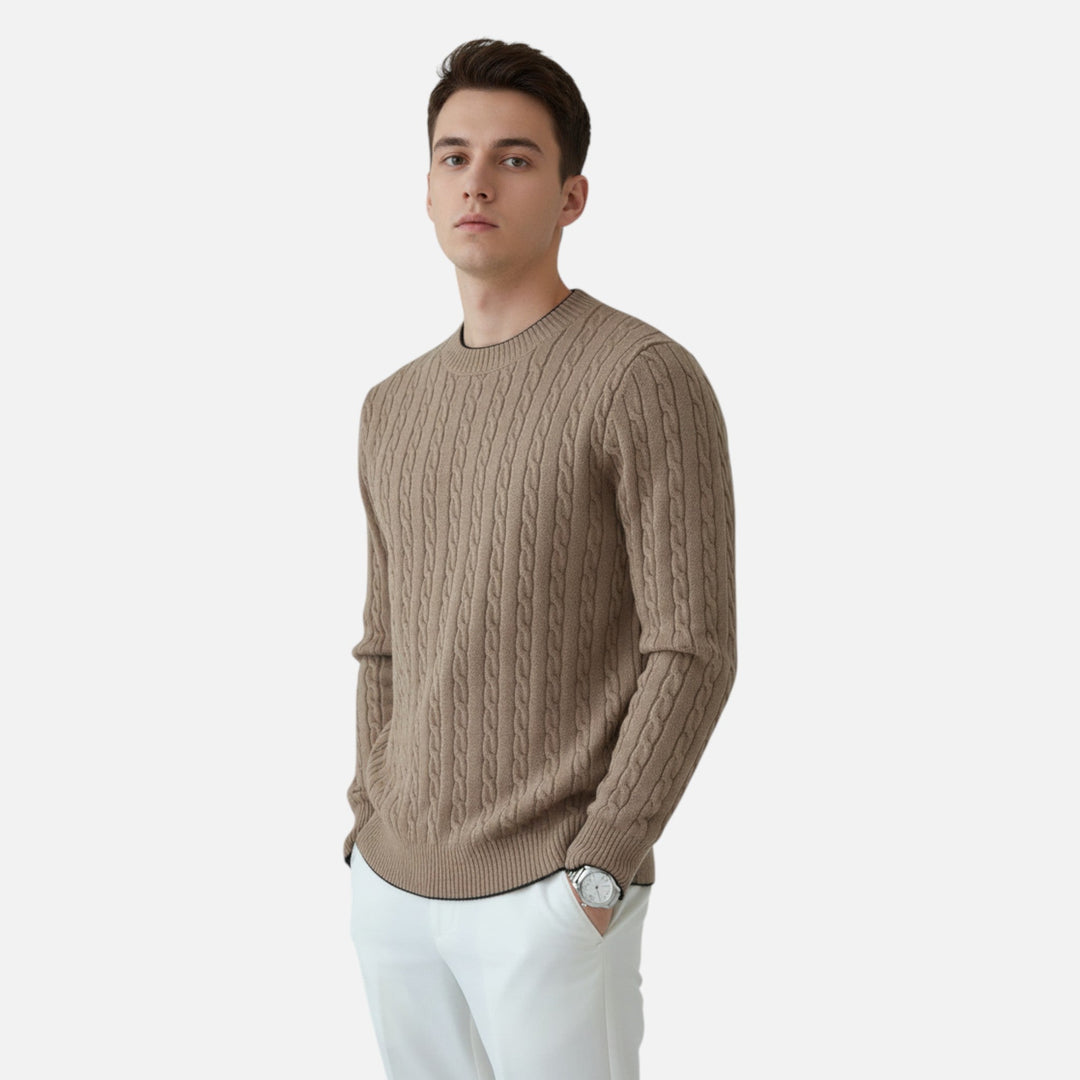 Close-up of the textured ribbed knit on a men's long sleeve crew neck sweater, ideal for winter fashion.