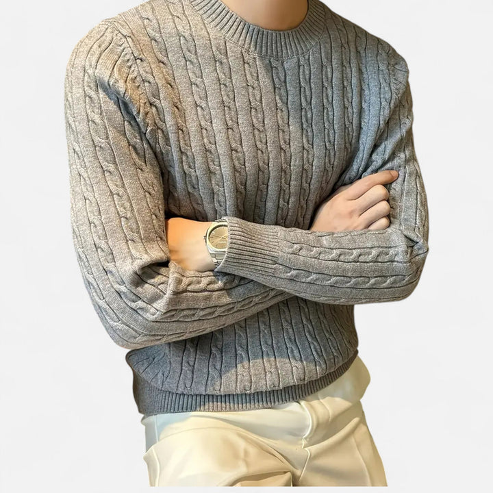 Side view of a men's warm ribbed crew neck sweater, showing comfortable fit & long sleeves for autumn style.