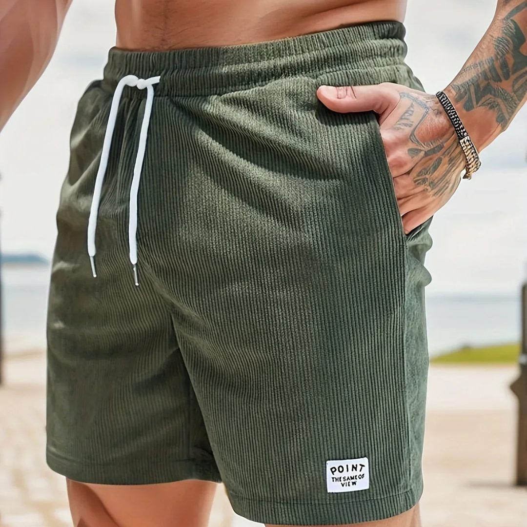 Loungewear men's shorts, comfortable ribbed knit and adjustable drawstring for relaxation.