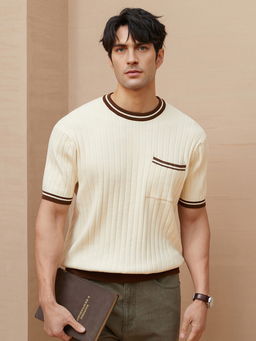Men's ribbed knit polo tee, short sleeve, smart casual. Beige top for stylish comfort.