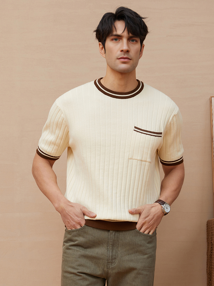 Stylish men's ribbed knit polo with striped trim, short sleeve. Perfect for smart casual wear.