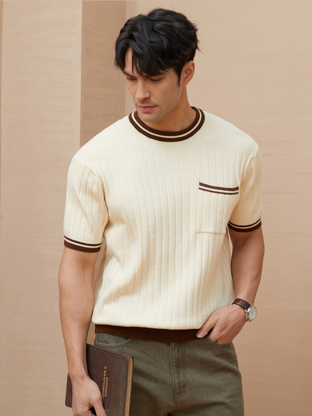 Beige men's ribbed knit polo shirt, comfortable short sleeve design. Effortless smart casual style.