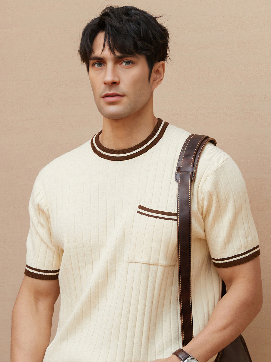 Men's short sleeve ribbed knit polo tee, beige with striped trim. Smart casual men's fashion.