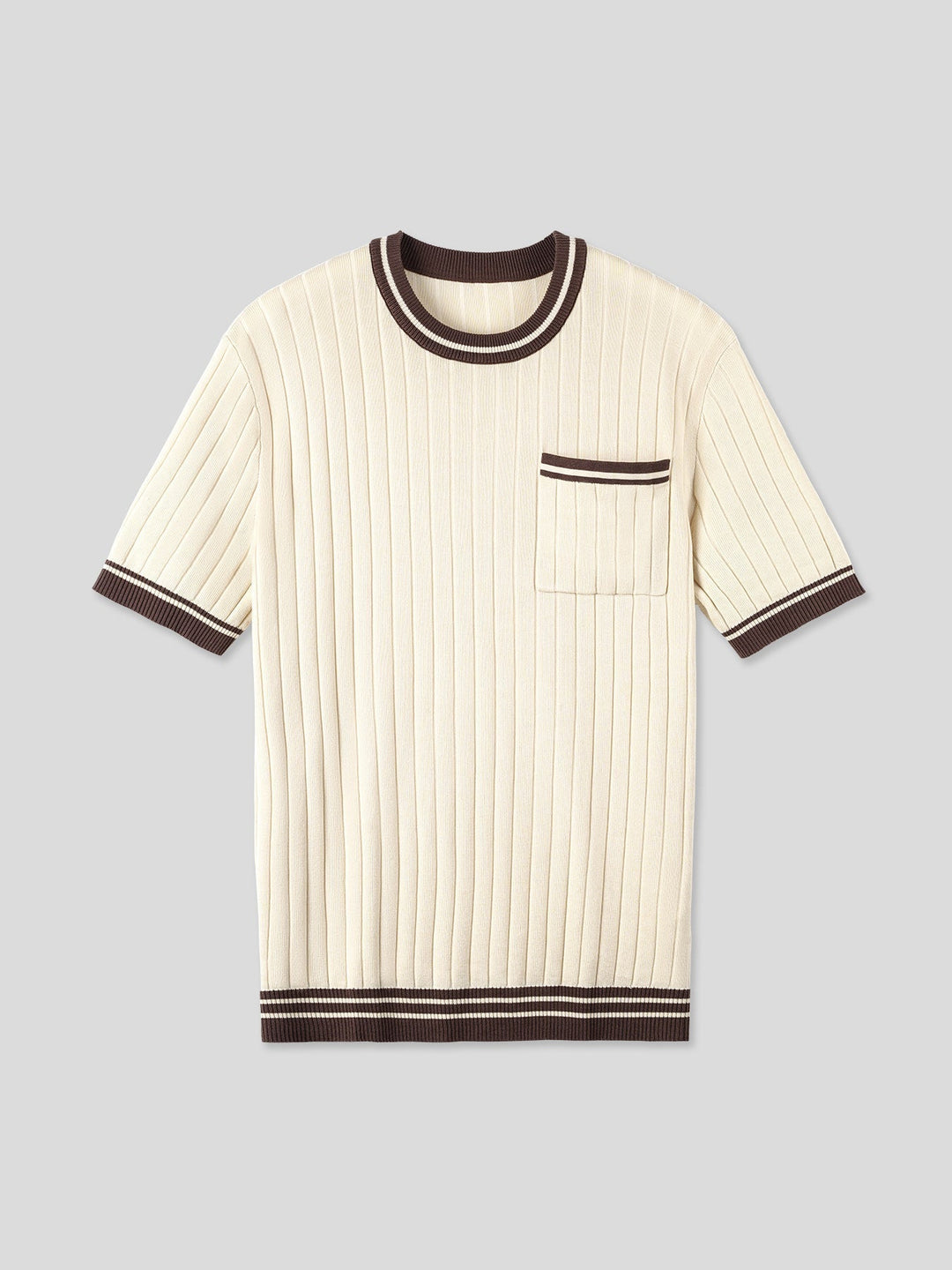 Men's ribbed knit polo tee with striped trim, beige. Smart casual short sleeve fashion.