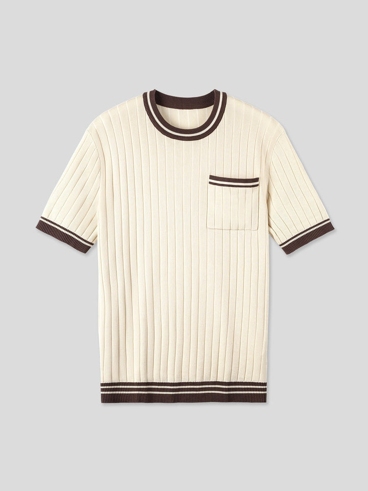 Men's ribbed knit polo tee with striped trim, beige. Smart casual short sleeve fashion.