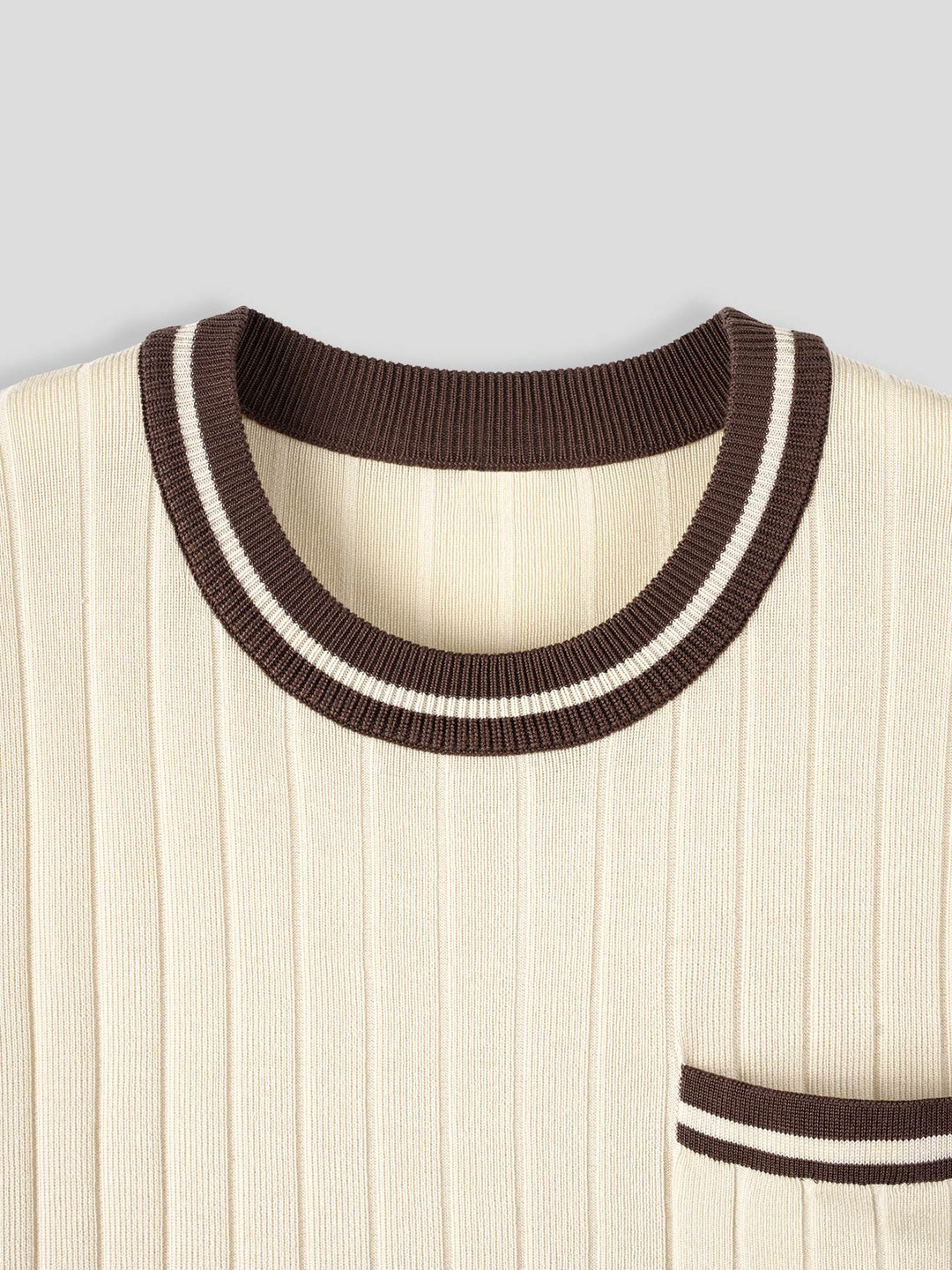 Effortless beige men's ribbed knit polo shirt, short sleeve. Stylish & comfortable casual wear.