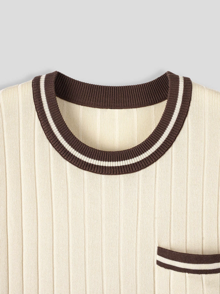 Effortless beige men's ribbed knit polo shirt, short sleeve. Stylish & comfortable casual wear.
