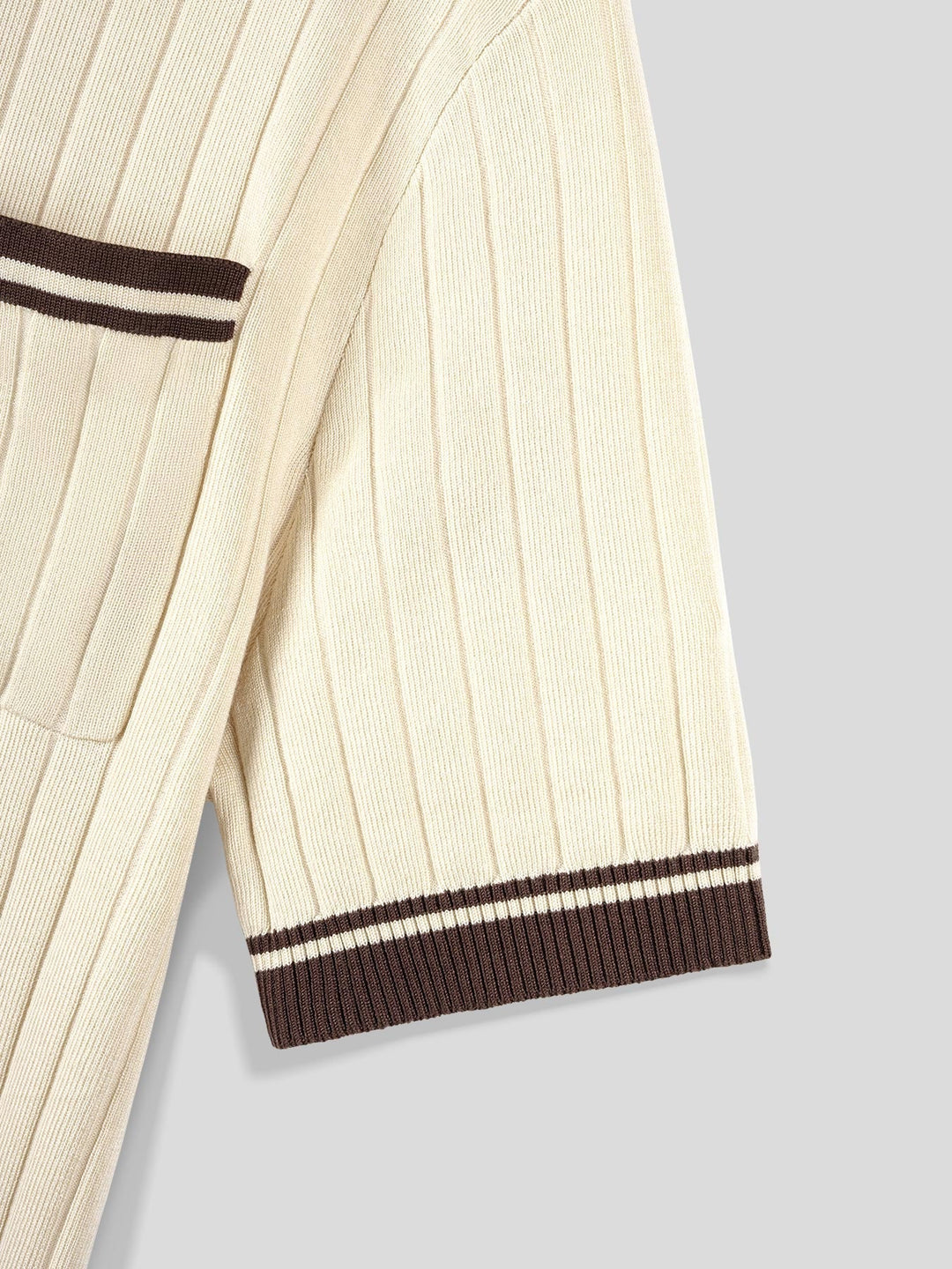 Men's ribbed knit polo tee with striped trim, short sleeve. Effortless smart casual beige top.