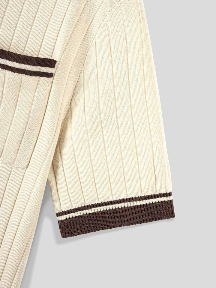 Men's ribbed knit polo tee with striped trim, short sleeve. Effortless smart casual beige top.