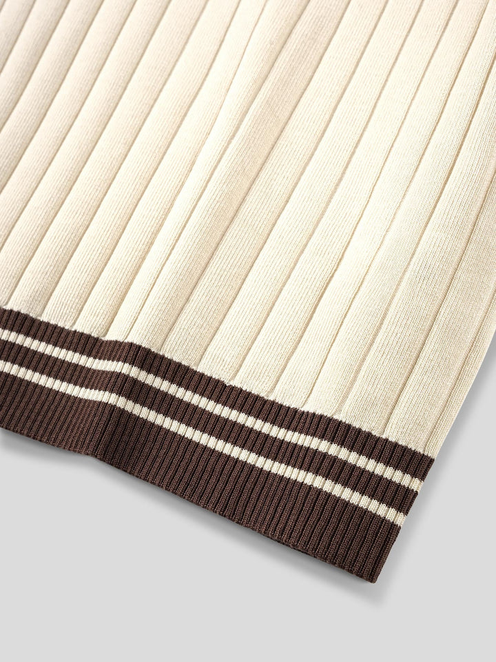 Stylish beige men's ribbed knit polo shirt, short sleeve with striped trim. Comfortable casual wear.
