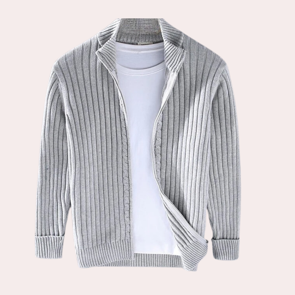 Men's ribbed knit zip-up jacket in a versatile design for casual wear and fall fashion.