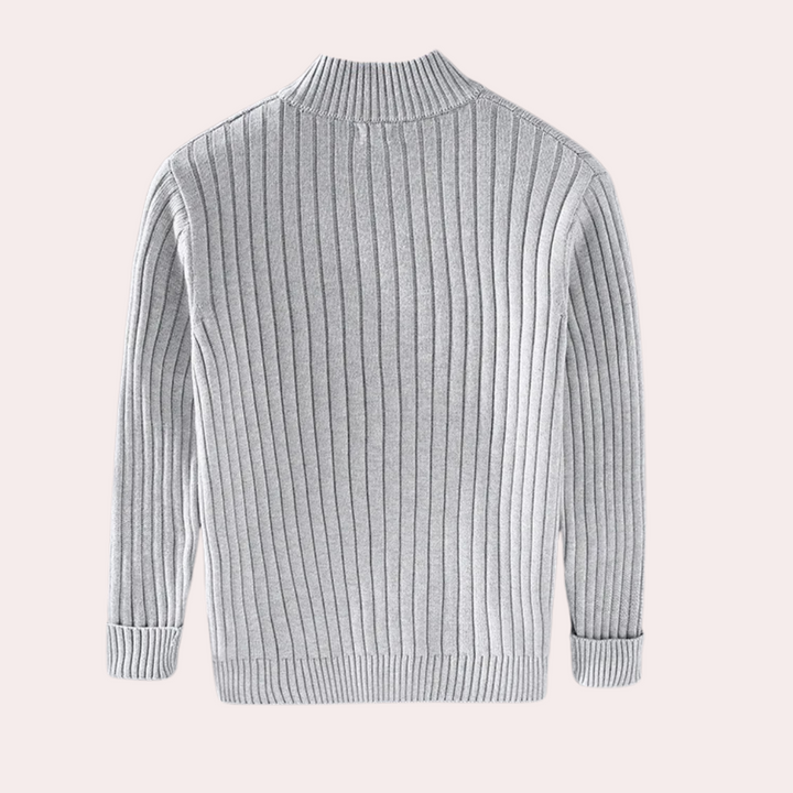 Stylish men's outerwear: a comfortable, ribbed knit zip-up jacket perfect for winter.