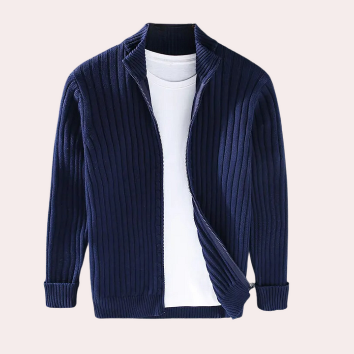 Essential fall fashion: a men's ribbed knit jacket with a convenient full zipper closure.