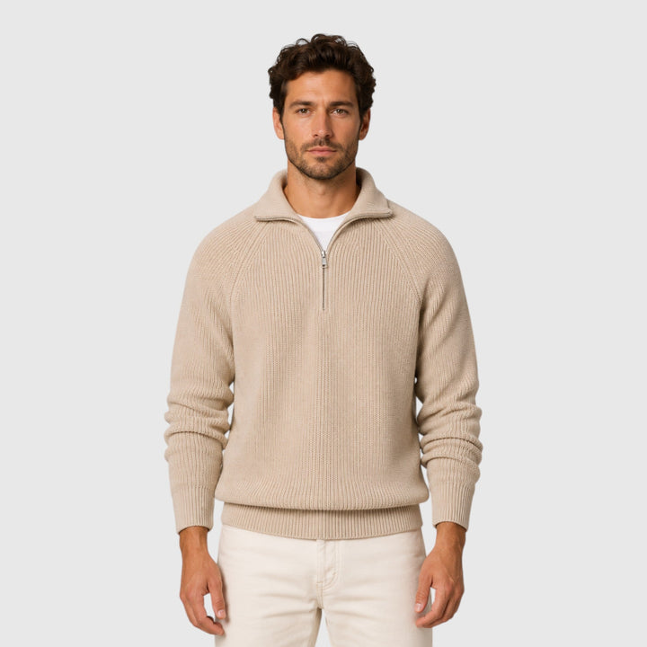 Men's ribbed mock neck sweater, warm & versatile pullover for autumn fashion. Classic men's wear.