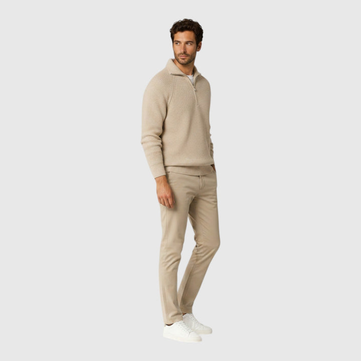 Classic men's ribbed mock neck pullover, ideal for smart casual layering in winter. Warm men's fashion.