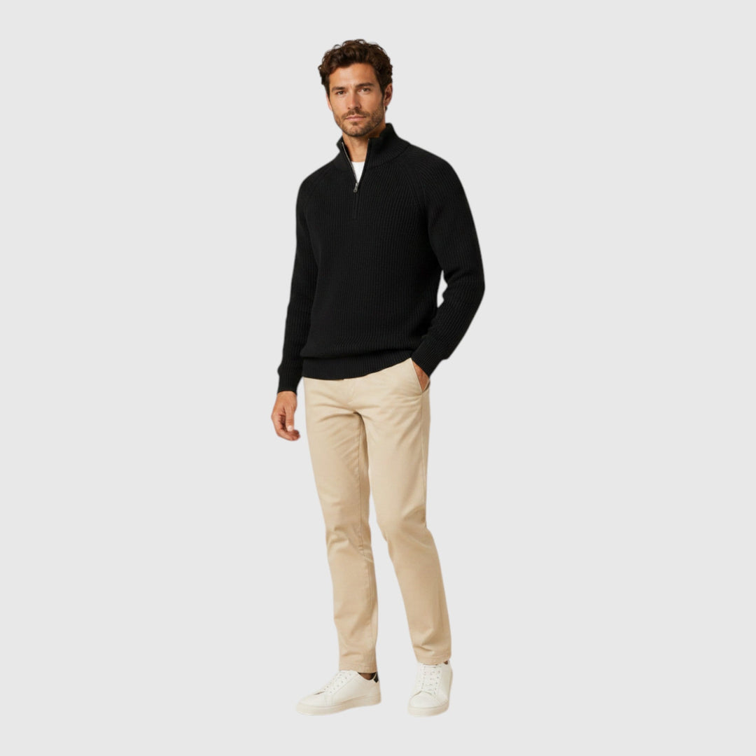 Warm men's ribbed mock neck sweater, versatile for casual & smart winter wear. Essential men's pullover.