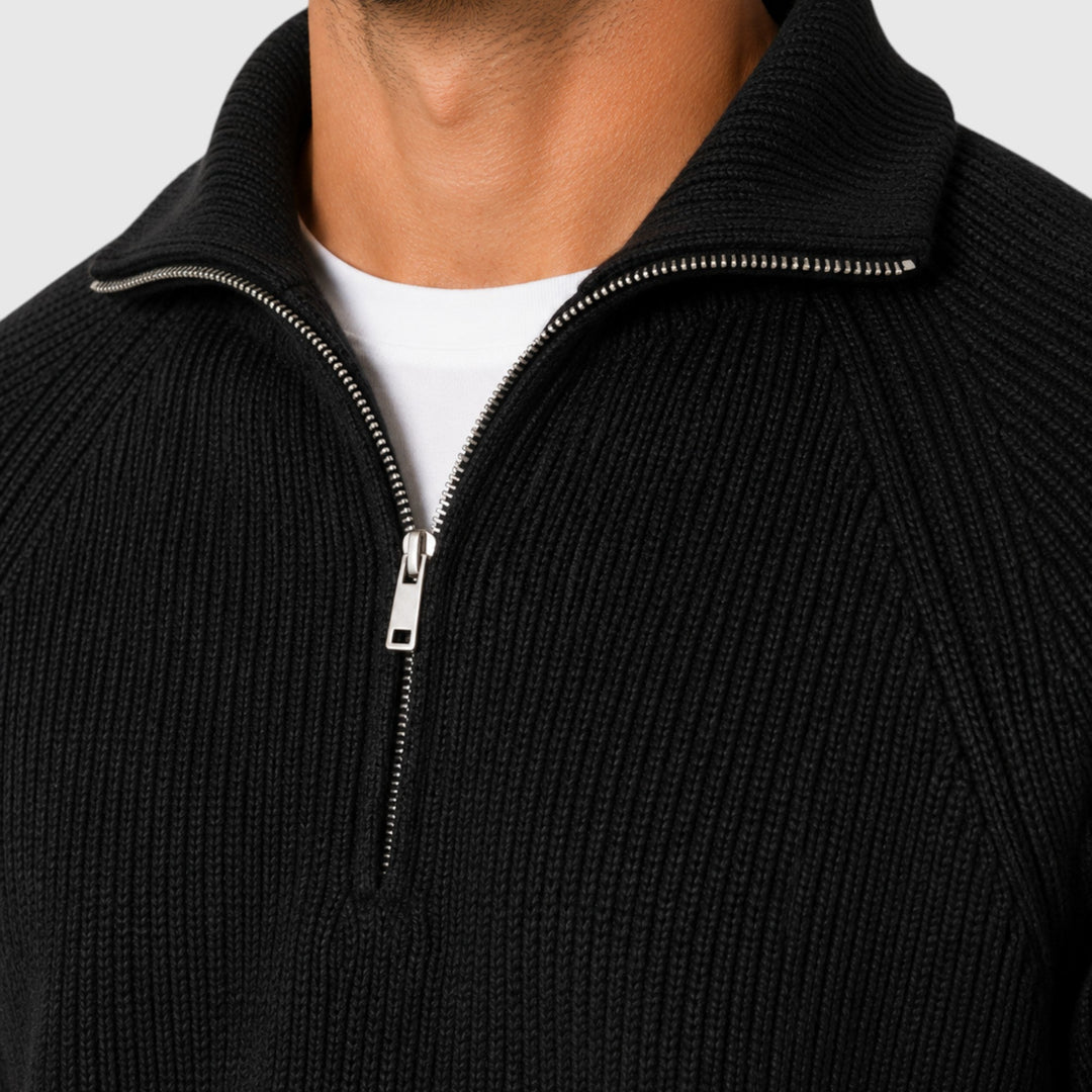 Autumn men's ribbed mock neck sweater, a versatile pullover providing warmth and classic style. Men's wear.